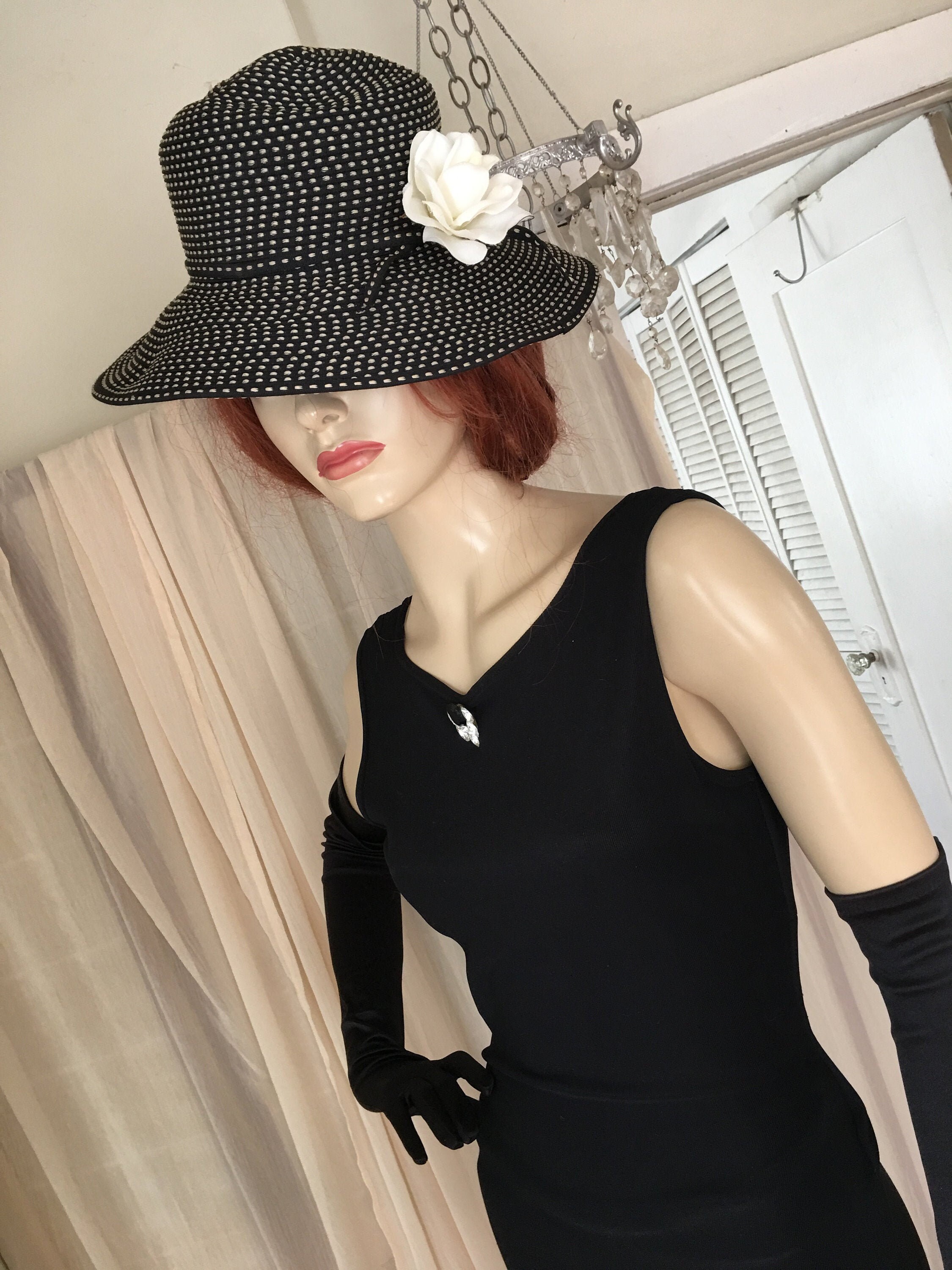 Vintage Black and White Striped Cotton Hat White Silk Rose - Etsy