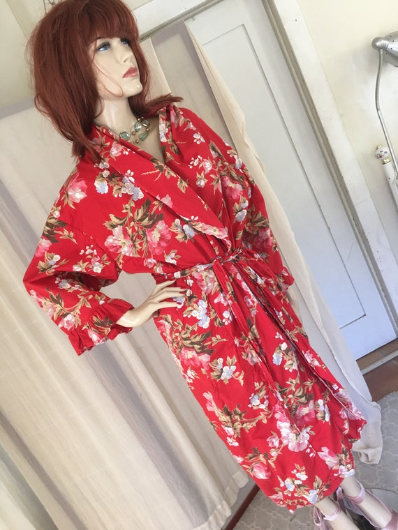Vintage 1930s Floral Cotton Robe Duster: Red Froc… - image 9