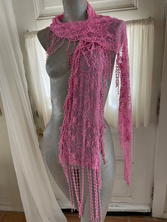 Hand Dyed Hot Barbie Pink Sheer Mesh Lacey Scarf … - image 2