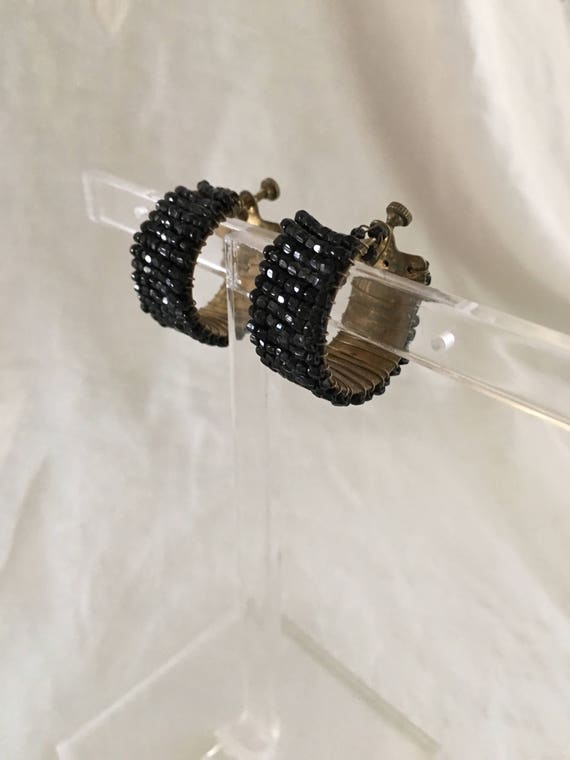1920s Antique Black Jet Bead Wide Hoop Earrings S… - image 2
