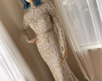 Vintage Silver Beaded Gold Sequined Gown Size XS MacDuggal Label Stunningly Beautiful