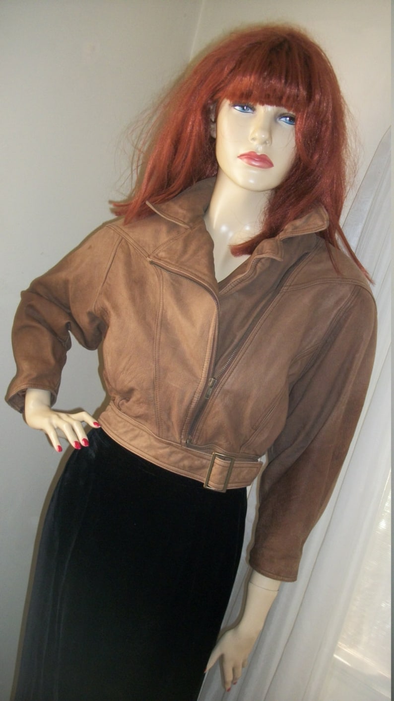 Vintage 80s Brown Leather Scully Label Shortie Motorcycle Jacket Bolero Size SM Belted