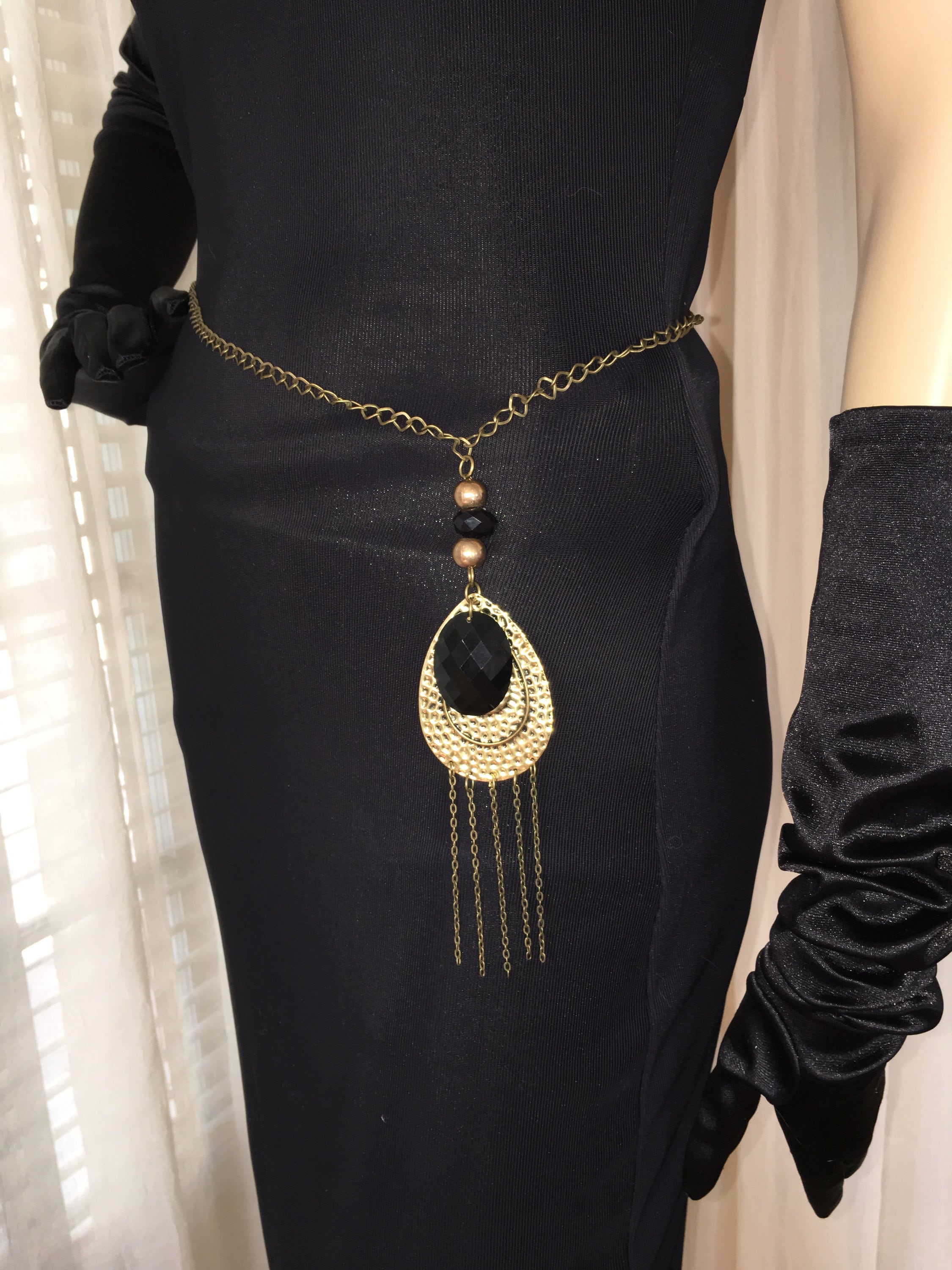 Vintage 1970s Goth Chain Belt: Black Rhinestone Pendant 