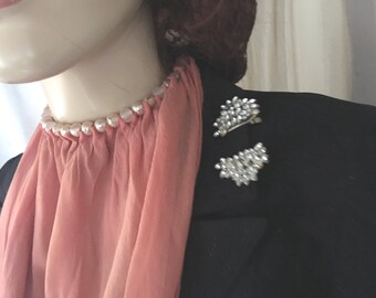 Antique 1930s Rhinestone Dress Clips: Art Deco Costume Pair (as-is