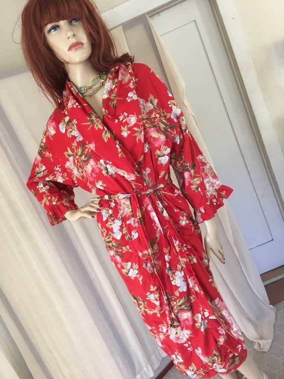 Vintage 1930s Floral Cotton Robe Duster: Red Froc… - image 5