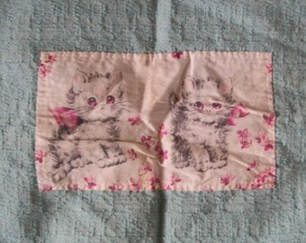Vintage 1940s Barkcloth Kitten Quilt and 1960s Kitten Small Squares Quilt Selling Both as Set Very Cute Handmade