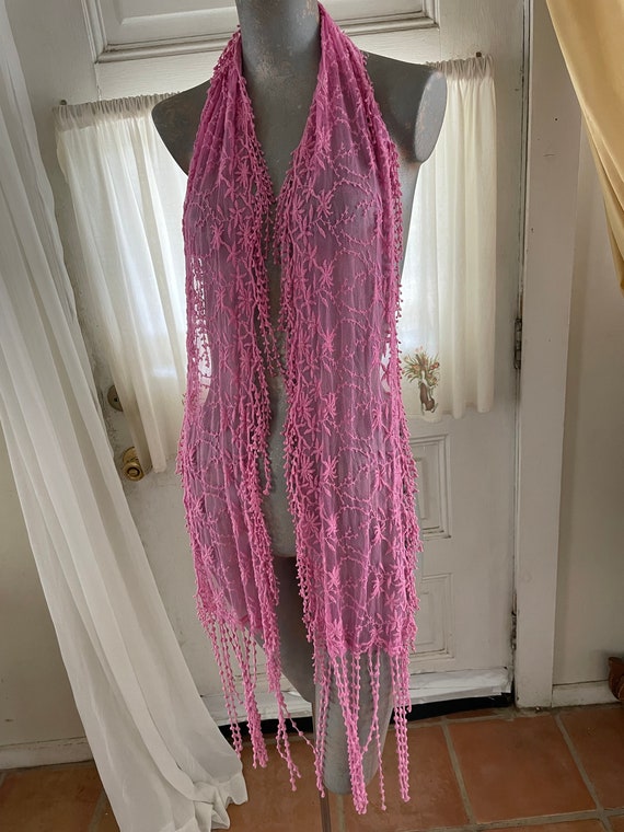 Hand Dyed Hot Barbie Pink Sheer Mesh Lacey Scarf … - image 1