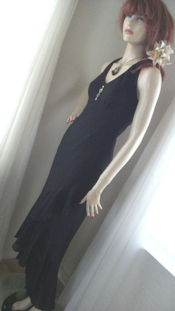 Vintage 1920s 1930s Style Black Chiffon Halter Dress: - Gem