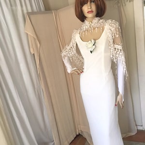 1920s or Edwardian Style White Chiffon Wedding Gown With Crochet and Organza Cape and Collar Size M Orig Design Free US Ship