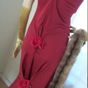 1930s Style Red Gown: Slinky Rose Bustle Dress, Size M
