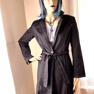Vintage 90s Black Trenchcoat: Minimalist Style with White Stitching, Size S/M