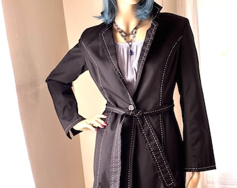 Vintage 1990s Black Trenchcoat: Minimalist Style with White Stitching, Size S/M