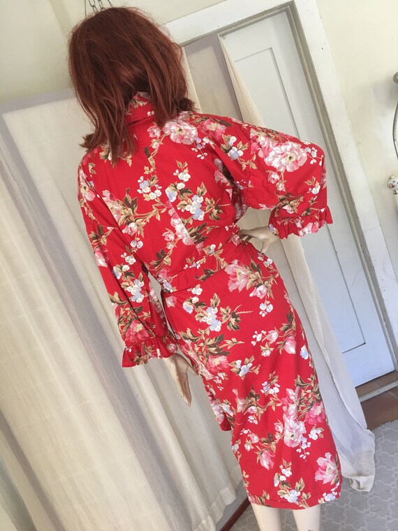 Vintage 1930s Floral Cotton Robe Duster: Red Froc… - image 4