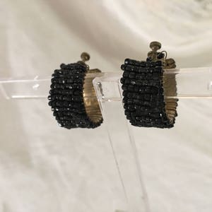 1920s Antique Black Jet Bead Wide Hoop Earrings Screw Backs Goth image 3