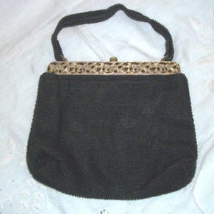 1940s Vintage Black Bead Handbag: Goth Art Deco Petite Purse