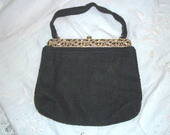 1940s Vintage Black Bead Handbag: Goth Art Deco Petite Purse