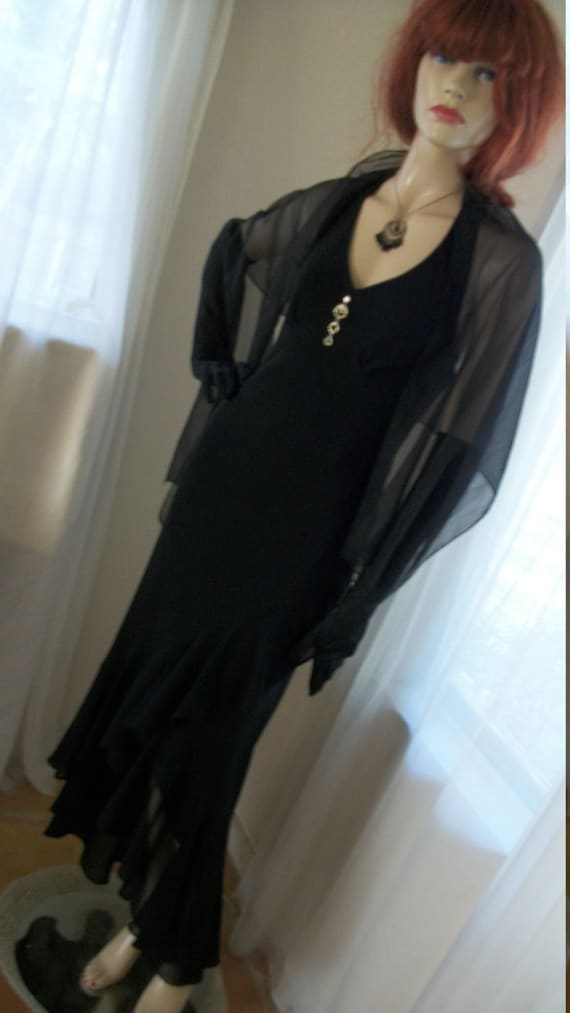 Vintage 1930s Style Goth Black Chiffon Halter Dres