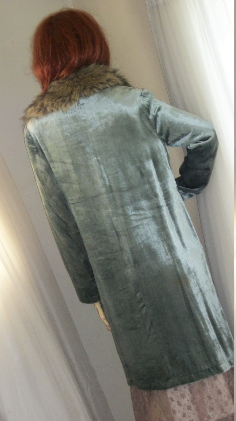 Vintage 1920s Style Flapper Coat Replica Velvet Seafoam Green Size M Removeable Faux Fur Collar