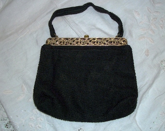 1940s Authentic Vintage Goth Black Bead Handbag Film Noir Art Deco Ornate Lumured Petite Bead