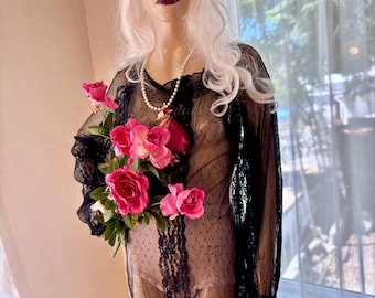 Vintage Sheer Black Lace Tunic or Nightgown One Size Fits Most