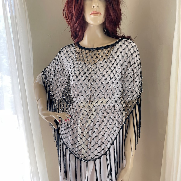 Vintage Sheer Black Silver Beaded Fringed Poncho One Size Fits Most