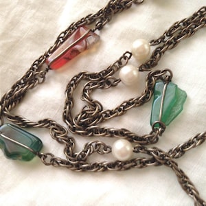 1920s Style Vintage Flapper Necklace Unique Chain and Semi Precious Stones Super Long