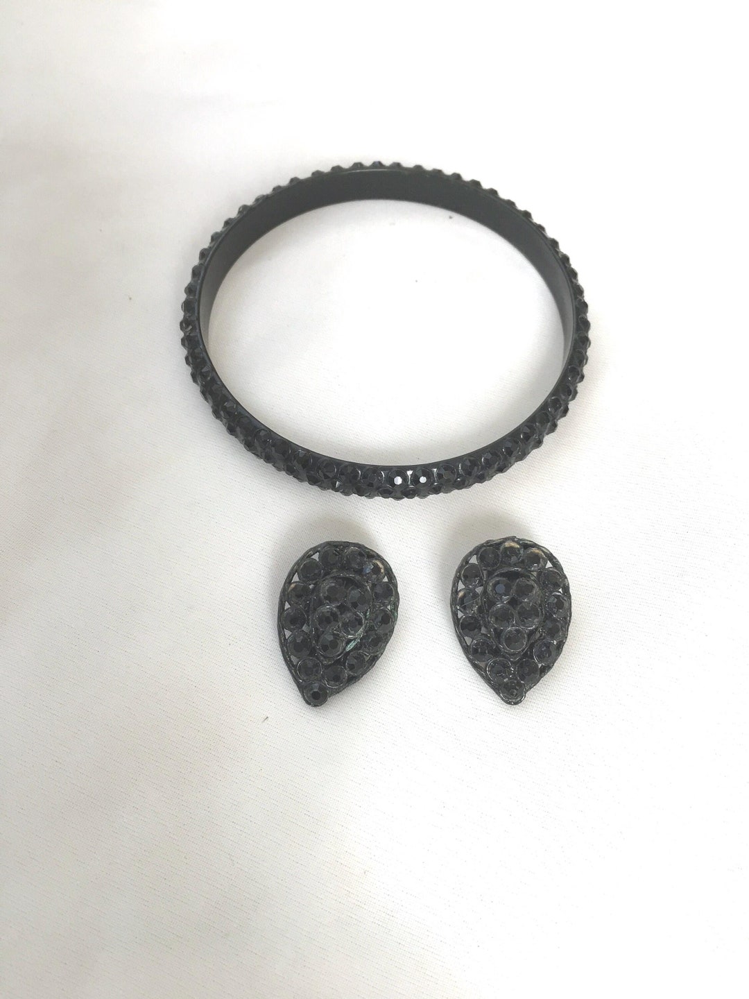 Vintage 1950s Black Jet Rhinestone Earring and Bangle Set - Etsy