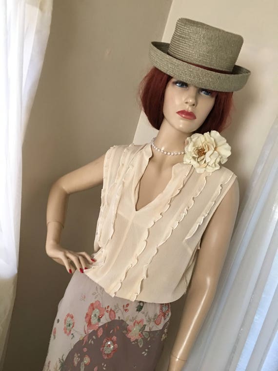 Vintage Edwardian Style Natural Straw Hat Khaki G… - image 5