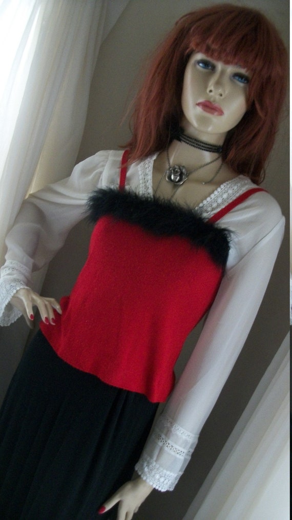 Vintage Red Sweater Vest Camisole Black Feather Tr