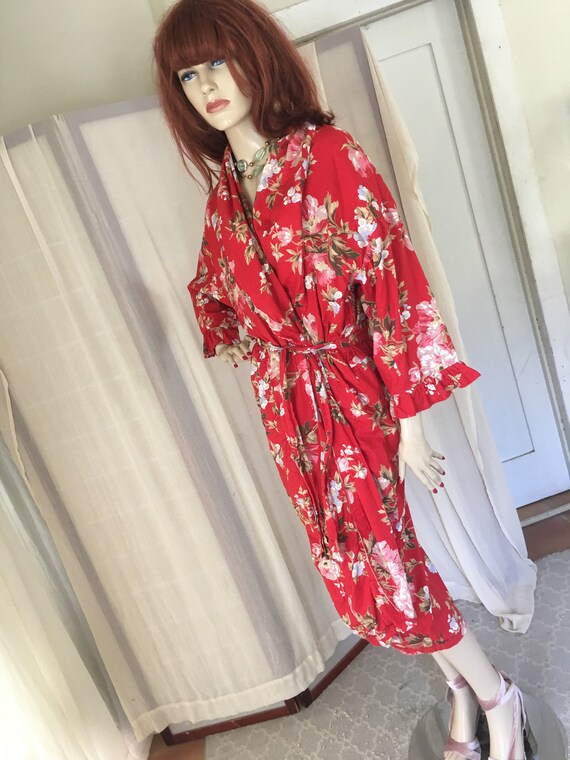 Vintage 1930s Floral Cotton Robe Duster: Red Froc… - image 6