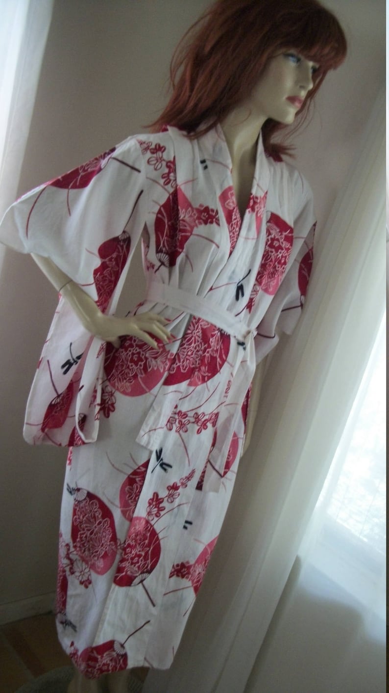 Vintage 1950s Rare Cotton Childs Kimono Authentic Unisex Size M Huge Pocket Sleeves Fan Dragonfly Hibiscus