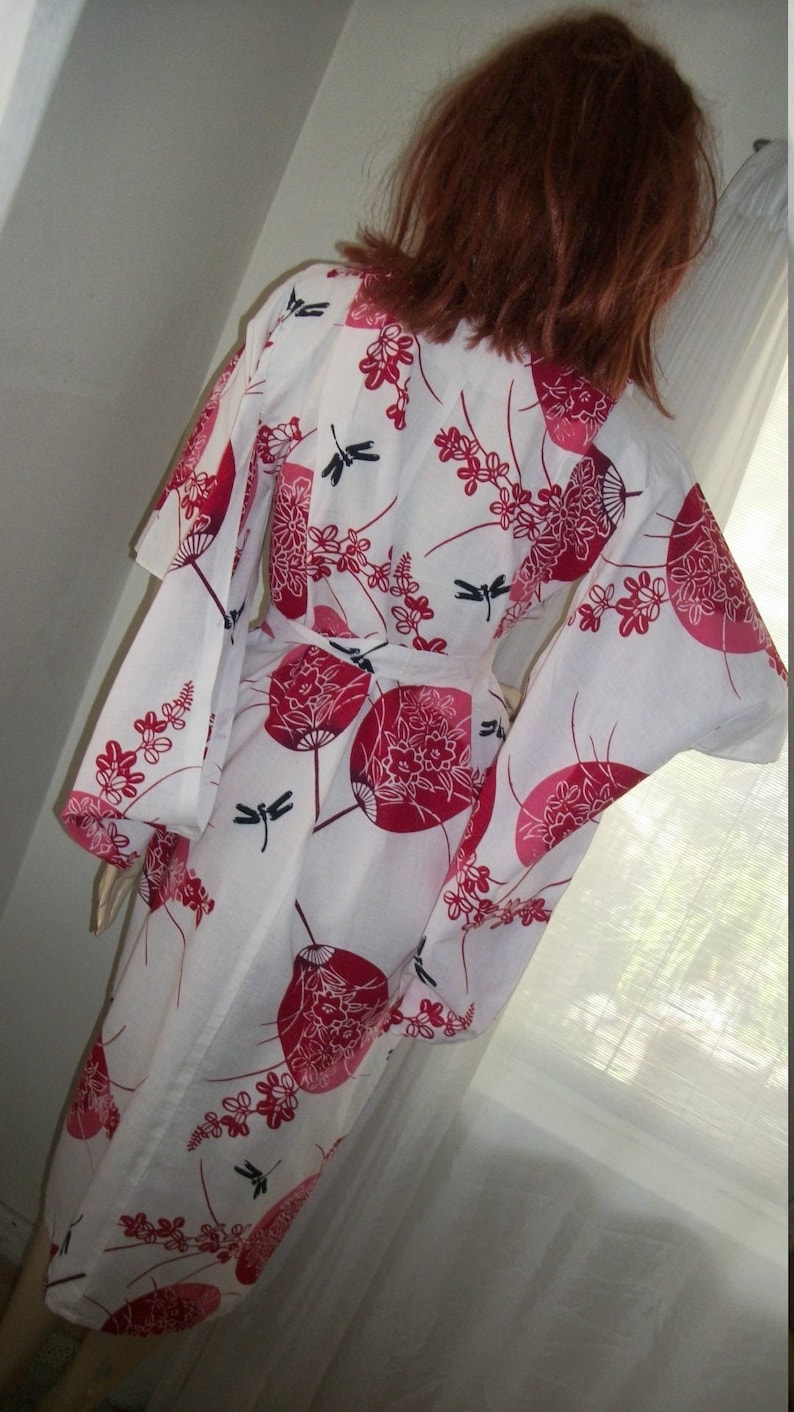 Vintage 1950s Rare Cotton Childs Kimono Authentic Unisex Size M Huge Pocket Sleeves Fan Dragonfly Hibiscus