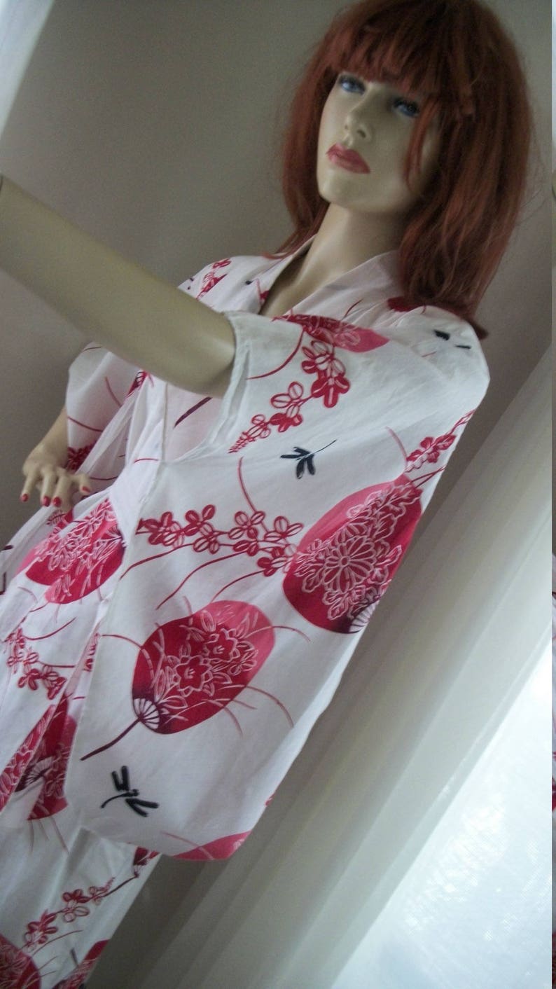 Vintage 1950s Rare Cotton Childs Kimono Authentic Unisex Size M Huge Pocket Sleeves Fan Dragonfly Hibiscus