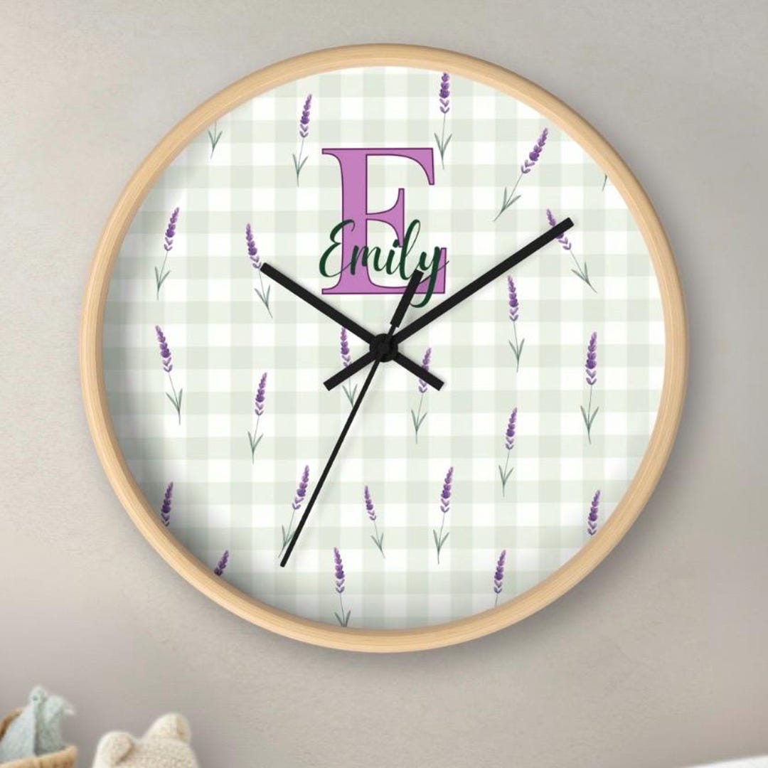 Personalized Lavender Plaid Wall Clock for Child's Room, Initial & Name ...