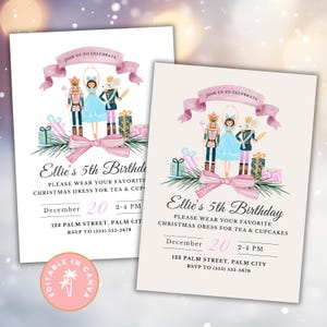 May include: A pink and white invitation with a watercolor illustration of a ballerina, a nutcracker, and a mouse. The text reads "Ellie's 5th Birthday" and includes details about the event, including the date, time, and location.