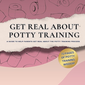 May include: A book cover with the title "GET REAL ABOUT POTTY TRAINING" in large black letters. The cover features a pink and white color scheme with illustrations of toilet paper rolls. The author's name, Jennifer Barrette, is at the bottom.