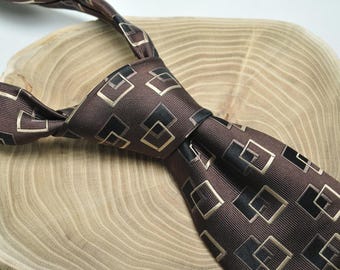 Pierre Cardin Silk Tie: Brown Geometric Squares, Classic Style