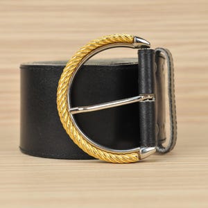 Vintage Black Leather Belt with Gold Buckle | 80s Real Leather Waist Belt | Wide Retro Belt for Jeans or Dresses | Size 85
