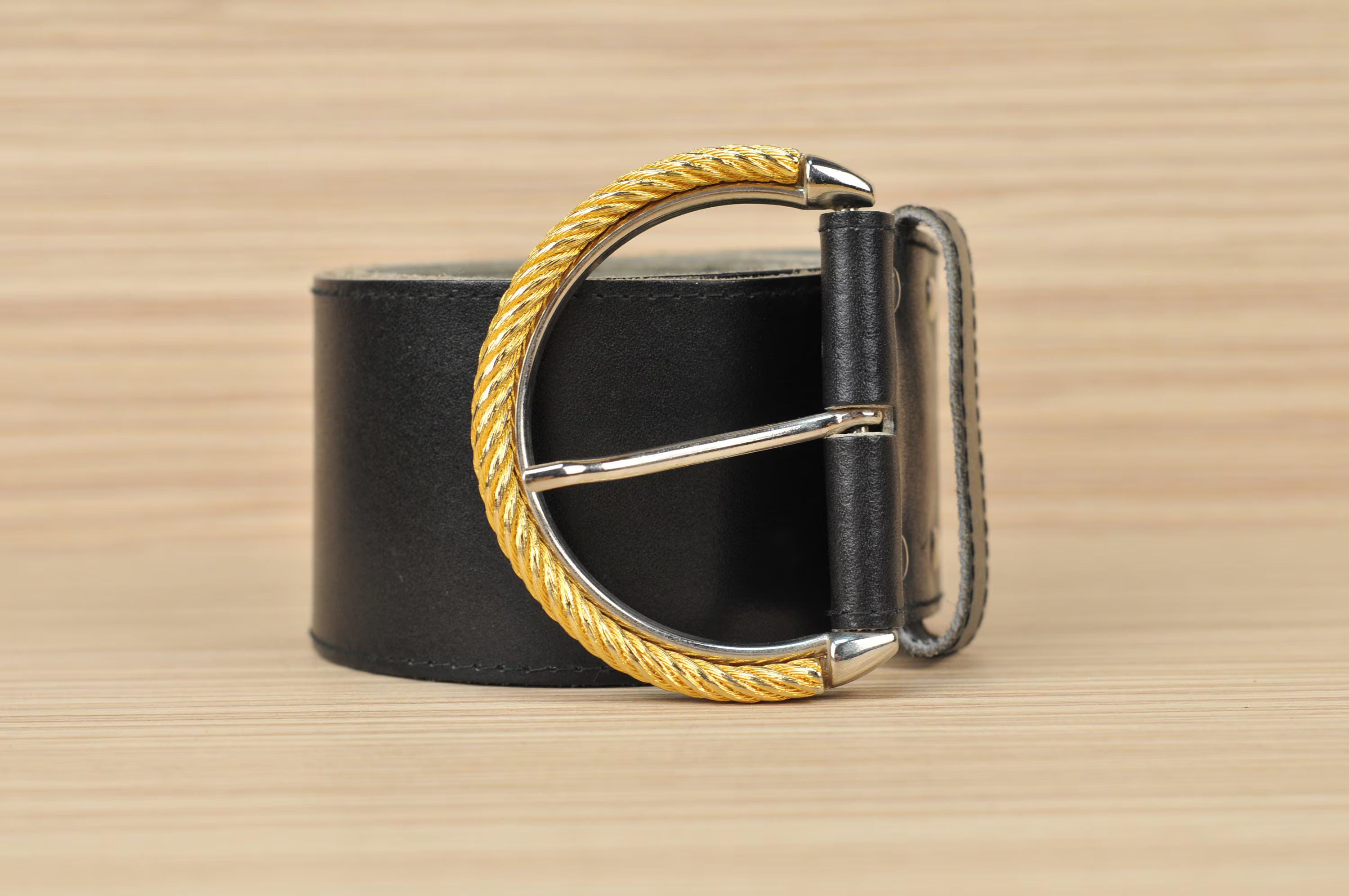 Vintage Black Leather Belt: Wide 80s Gold Buckle Waist Belt  display picture 2