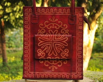 Vintage Red Leather Tote Bag: Embossed Boho Hippie Bag
