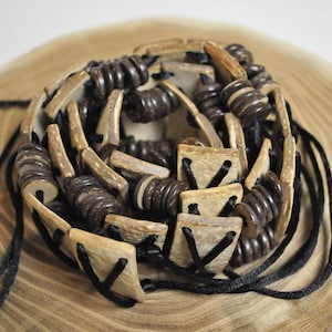 Vintage Belt Made of Cotton Rope in Black Color and Decorated with Beige Color Coconut Shells and Brown Wood Beads