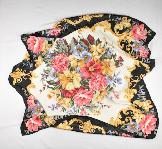 Vintage Victorian Floral Silk Scarf: Black Gold Baroque Bouquet Bag Accessory