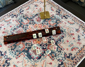 Beige Navy Chenille Rug Mahjong Mat