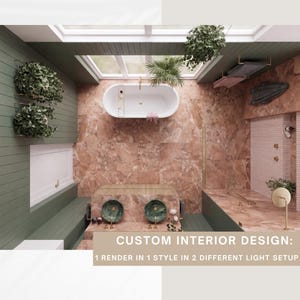May include: A bathroom interior design render featuring a white oval bathtub, two green marble vessel sinks on a pink marble vanity, and green paneled walls. The text reads: CUSTOM INTERIOR DESIGN: 1 RENDER IN 1 STYLE IN 2 DIFFERENT LIGHT SETUP.