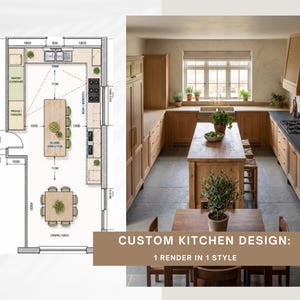 May include: A custom kitchen design featuring a floor plan diagram on the left and a realistic interior render on the right. The kitchen includes light wood cabinetry, a central island with seating, a dining area, and a sink under a window.