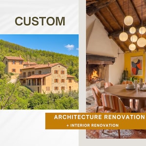 May include: A split-view image featuring a stone house on a hillside with the text CUSTOM, and an interior dining room with a fireplace, wooden table, striped chairs, and hanging globe lights, with the text ARCHITECTURE RENOVATION + INTERIOR RENOVATION.