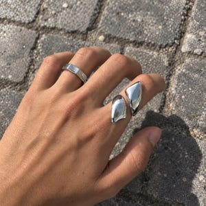 Cyber Y2K Silver Sculptural Wraparound Ring, Polished Stainless Steel, Open Cuff Ring, Statement Jewelry (Same Day Handling)