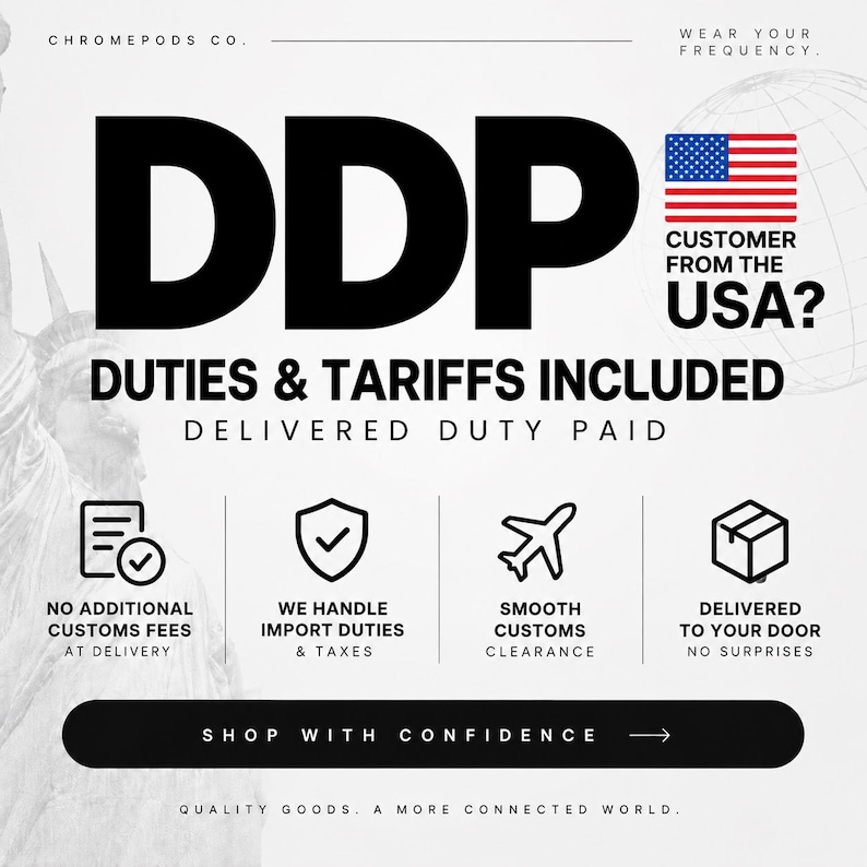 Puede incluir: Un gr&aacute;fico informativo titulado DDP Duties & Tariffs Included Delivered Duty Paid. Incluye el texto Customer from the USA? con un icono de la bandera de EE. UU. y cuatro iconos que representan la ausencia de tasas aduaneras, impuestos, despacho y entrega.