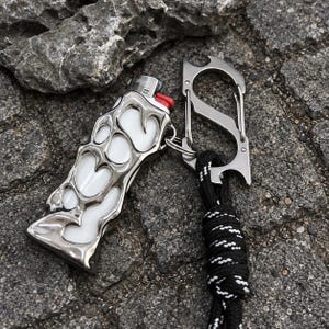 Cyber Y2K Silver Chrome Lighter Case, Cool BIC J3 Slim Lighter Holder with Carabiner, Rust-Proof Stainless Steel Keychain