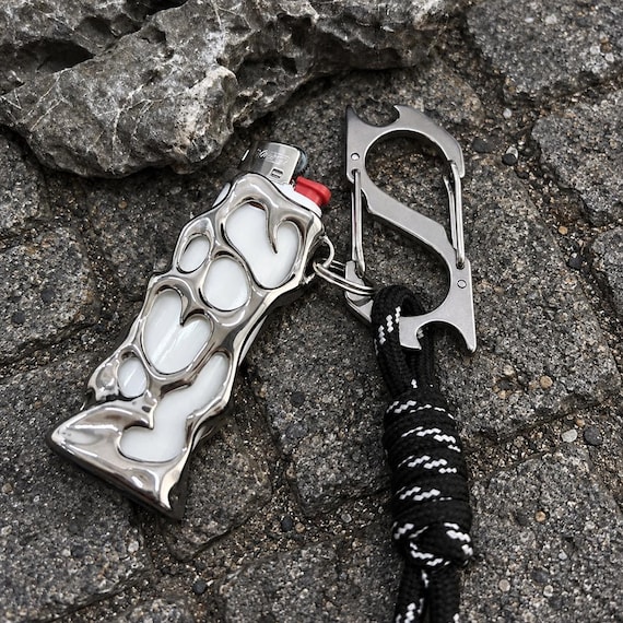 Cyber Y2K Silver Chrome Lighter Case, Cool BIC J3 Slim Lighter Holder with Carabiner, Rust-Proof Stainless Steel Keychain